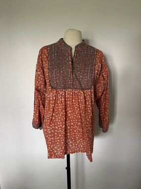 Rust Floral Peasant Blouse with Smocked Yoke